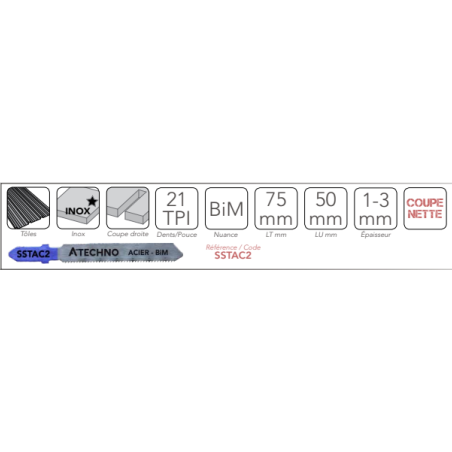 LAMES SCIE SAUTEUSE BIMETAL INOX TÔLE EP 1.0-3.0COUPE DROITE 21 TPI LG 50MM (X5)ALPHACOUPE SSTAC2