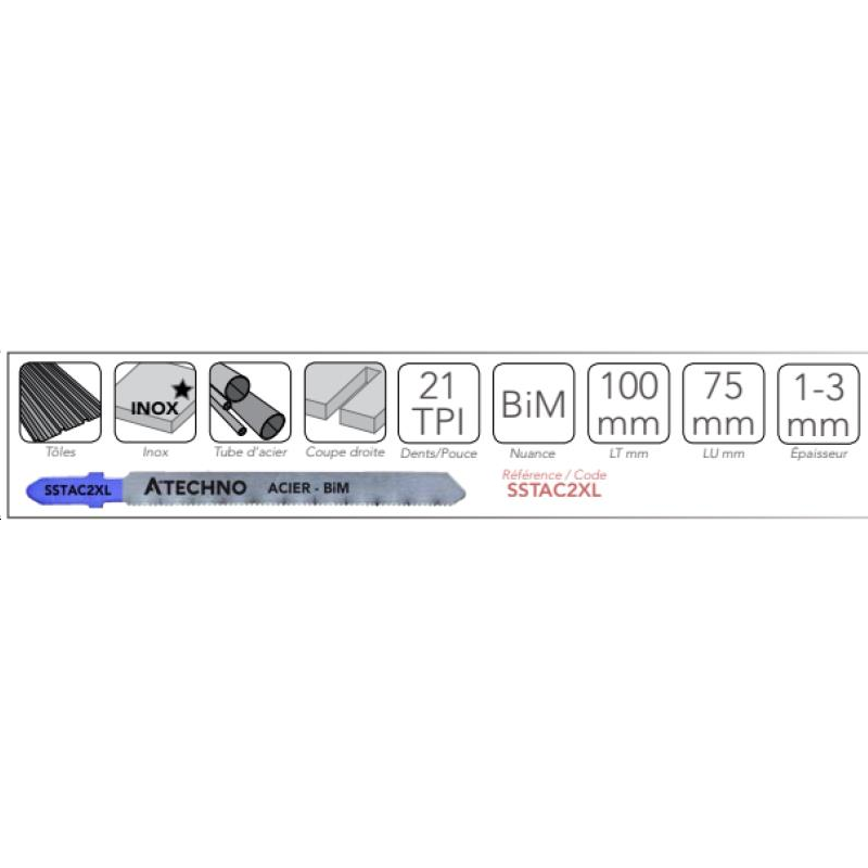 LAMES SCIE SAUTEUSE BIMETAL INOX TÔLE TUBE ACIER EP 1.0-3.0 COUPE DROITE 21 TPI LG 75MM (X5)ALPHACOUPE SSTAC2XL